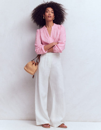 Notch Neck Linen Trim Top-Meadowsweet Chambray-4