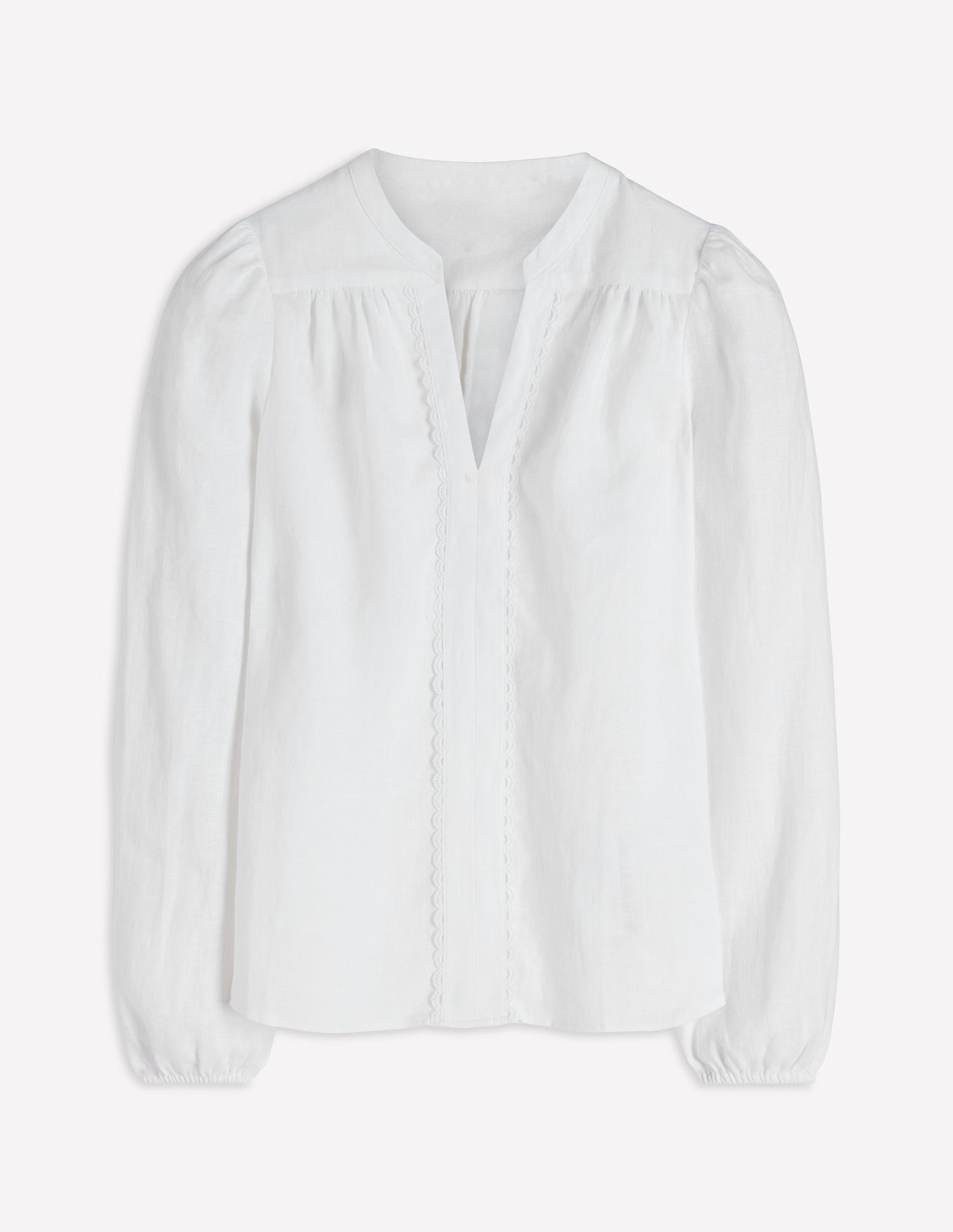 Notch Neck Linen Trim Top-White