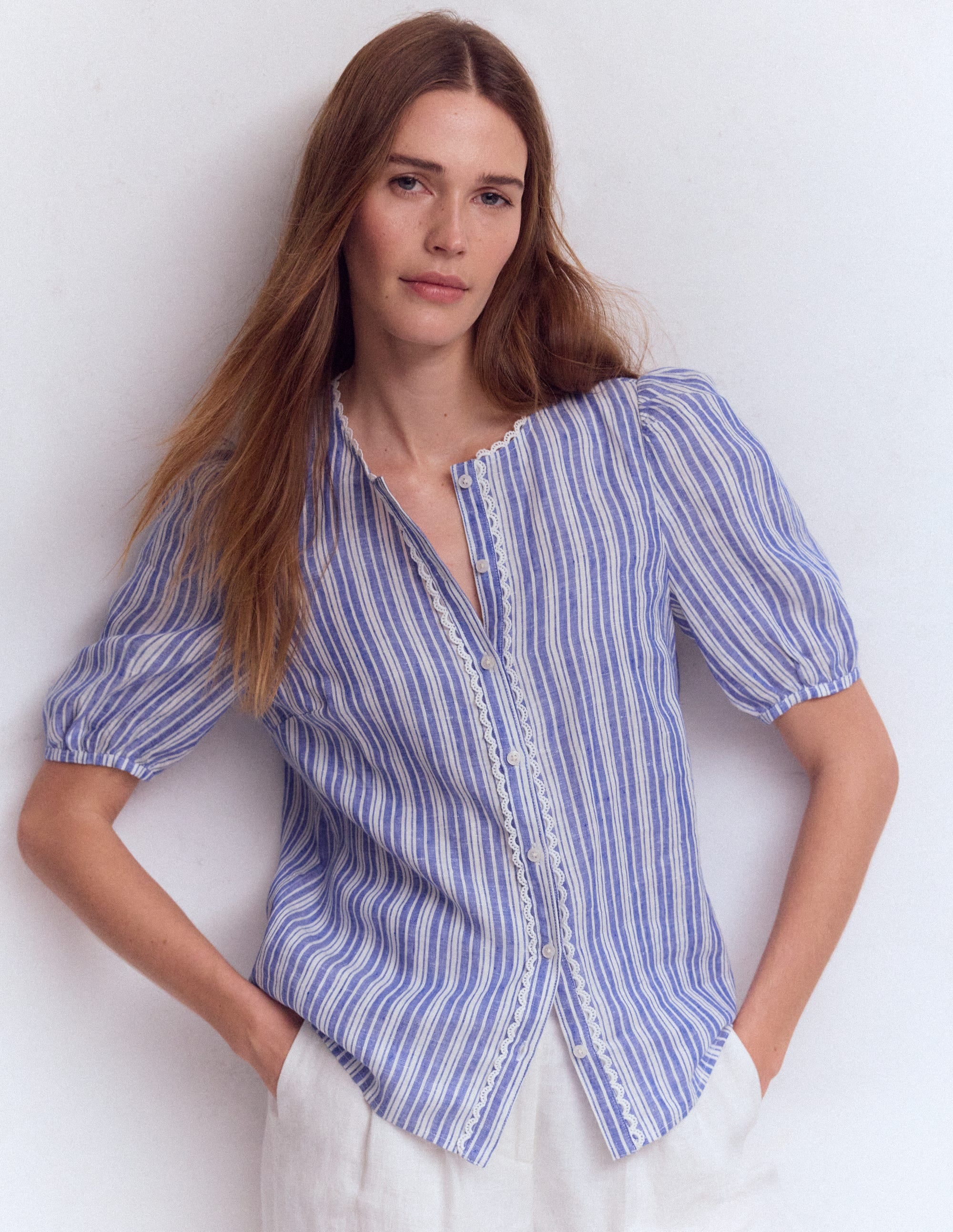 Leah Short Sleeve Linen Top-Bright Blue Varigated Stripe - Image 1