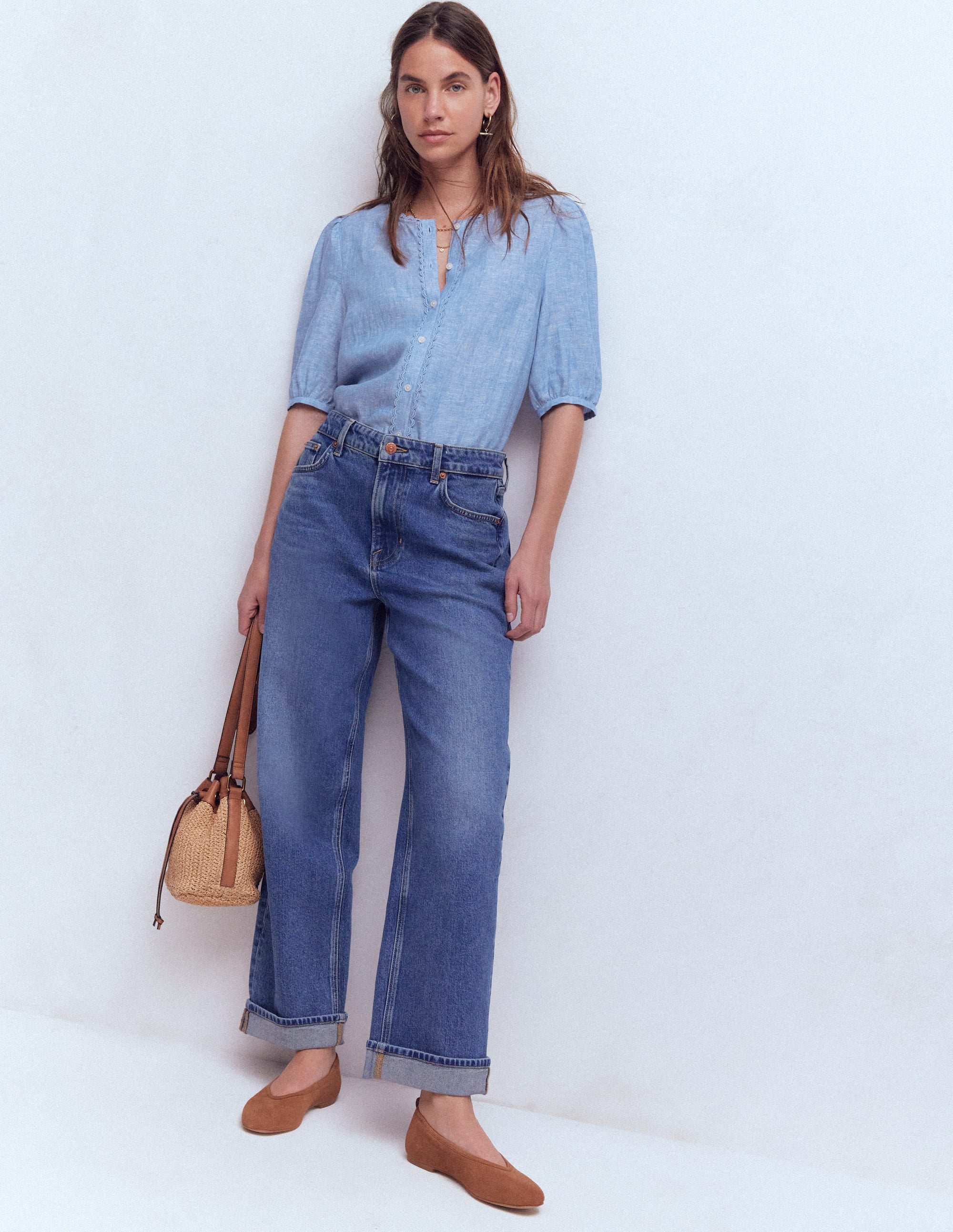 Leah Kurzärmeliges Leinenoberteil-Blauer Faux-Uni - Image 1