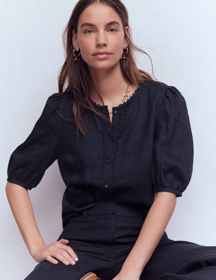 Top manches courtes Leah en lin-Bleu marine