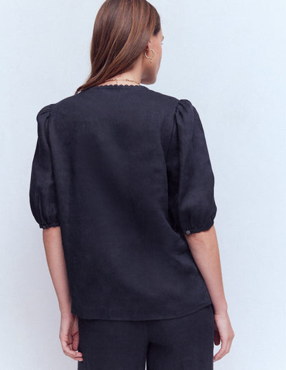 Leah Kurzärmeliges Leinenoberteil-Marineblau-3