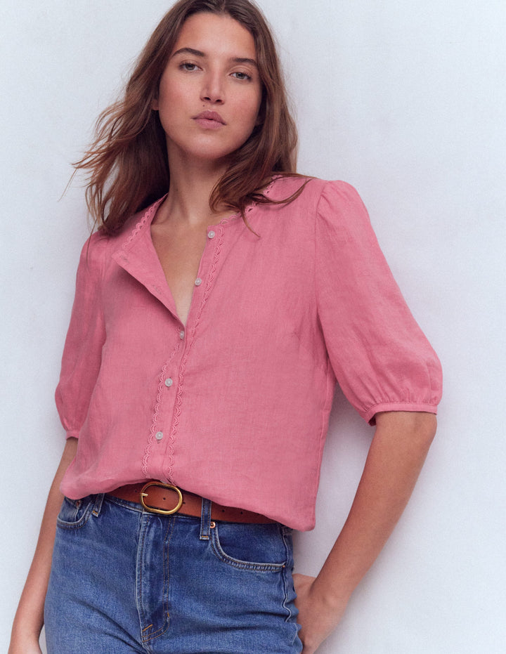 Leah Kurzärmeliges Leinenoberteil-Rosa Parfait