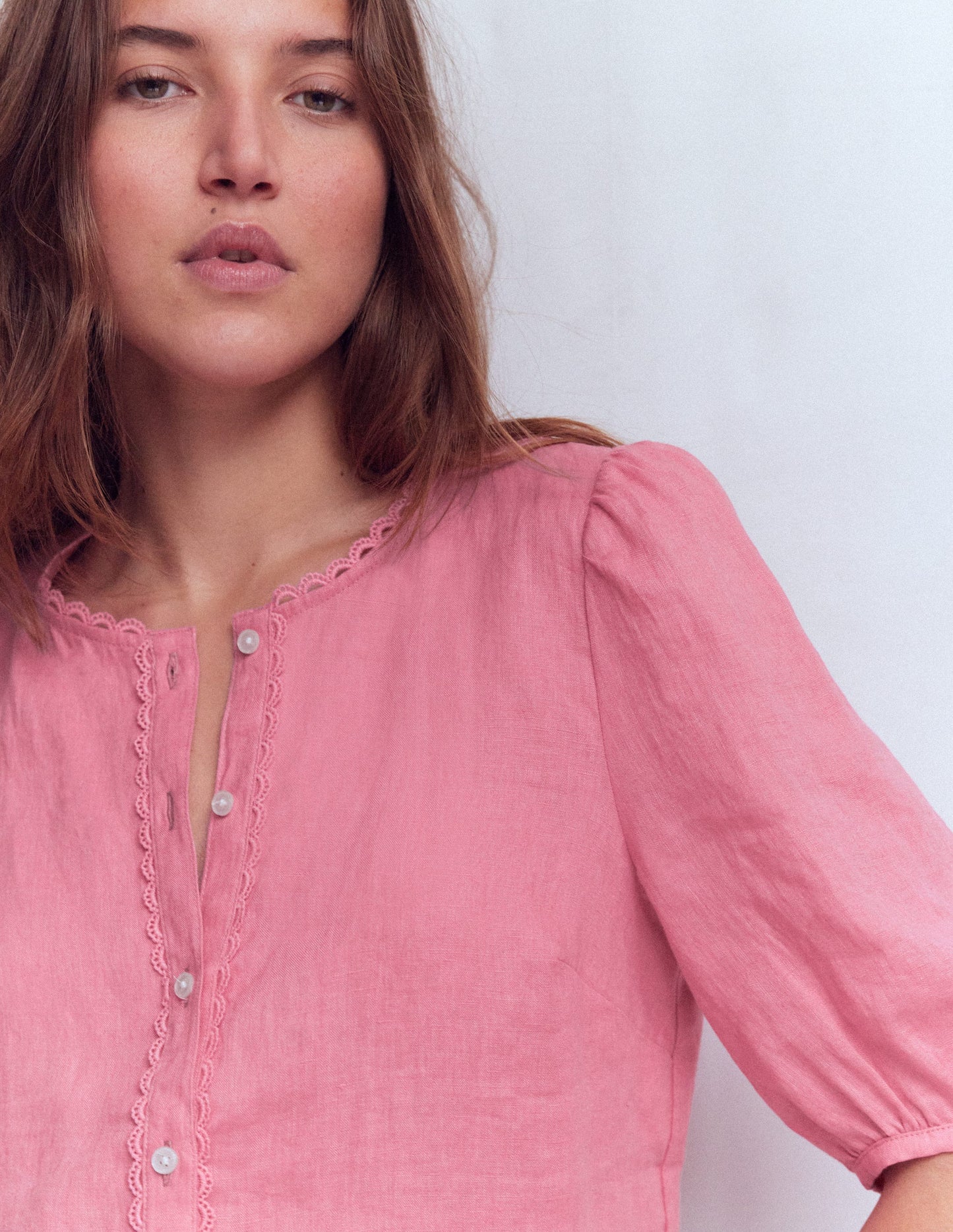 Leah Kurzärmeliges Leinenoberteil-Rosa Parfait