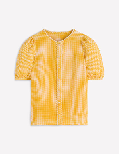 Leah Short Sleeve Linen Top-Yellow Gingham-7