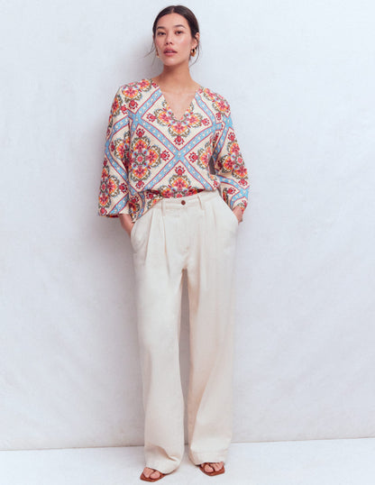 Cleo Leinenoberteil-Geblümtes Kachelmuster-4