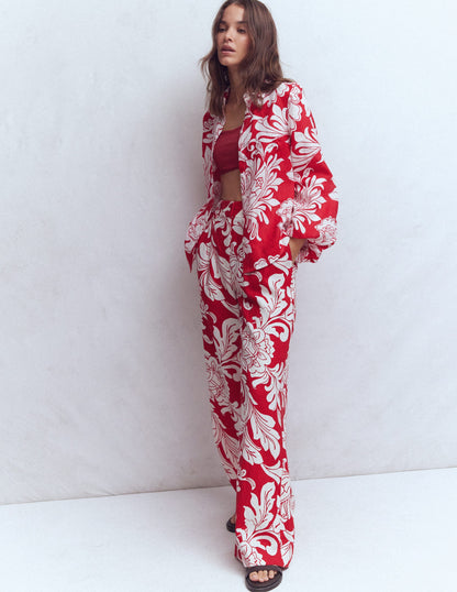 Chemise en lin à manches bouffantes-Motif Botanical Flourish Mono salsa-3