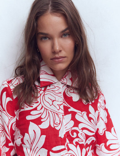 Chemise en lin à manches bouffantes-Motif Botanical Flourish Mono salsa-4