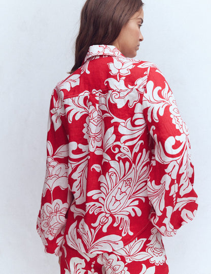 Chemise en lin à manches bouffantes-Motif Botanical Flourish Mono salsa-5
