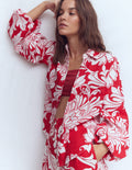 Chemise en lin à manches bouffantes-Rouge Merida, motif Botanical Flourish