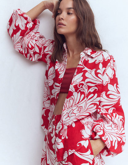 Chemise en lin à manches bouffantes-Motif Botanical Flourish Mono salsa-1