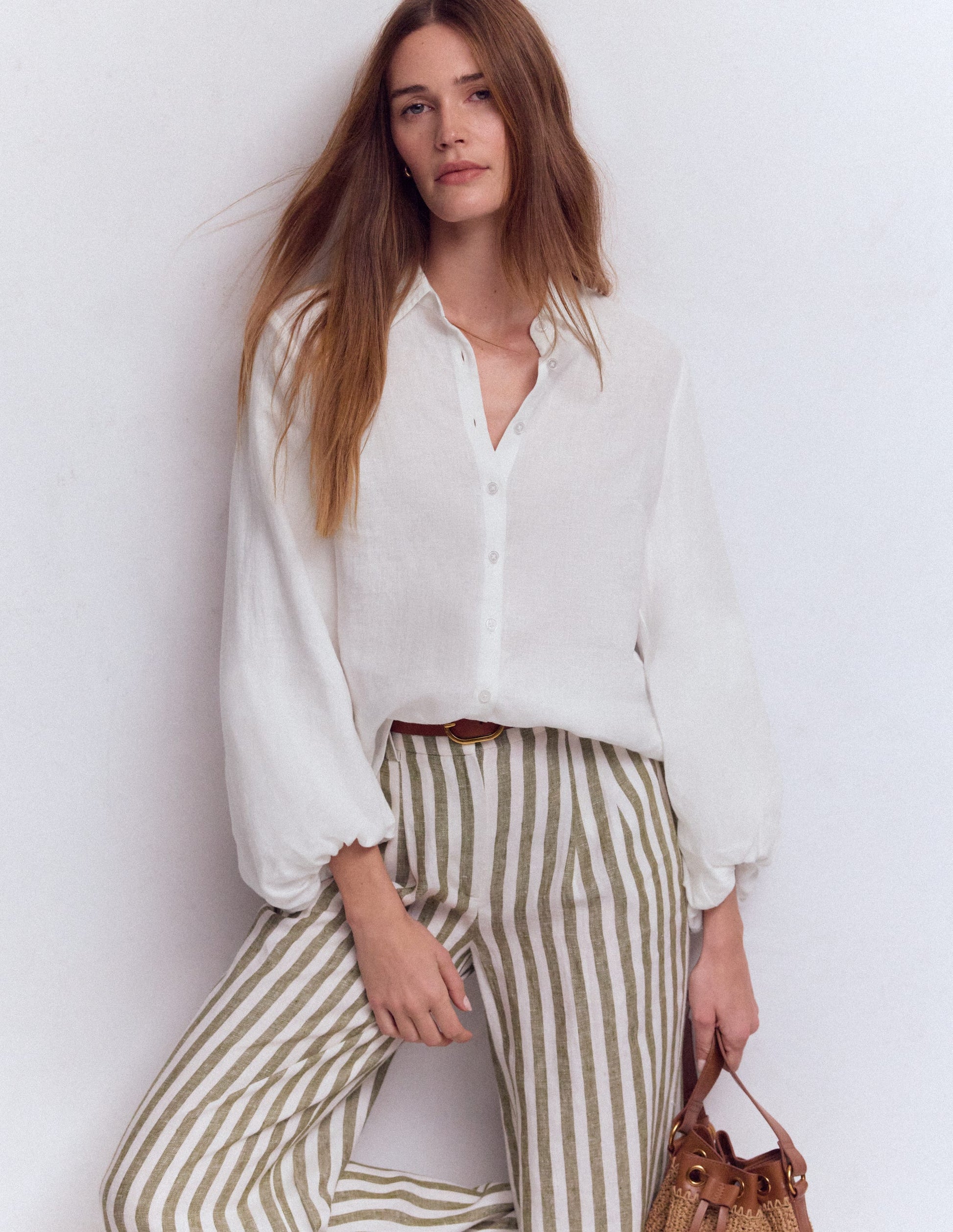 Chemise en lin à manches bouffantes-Blanc-1