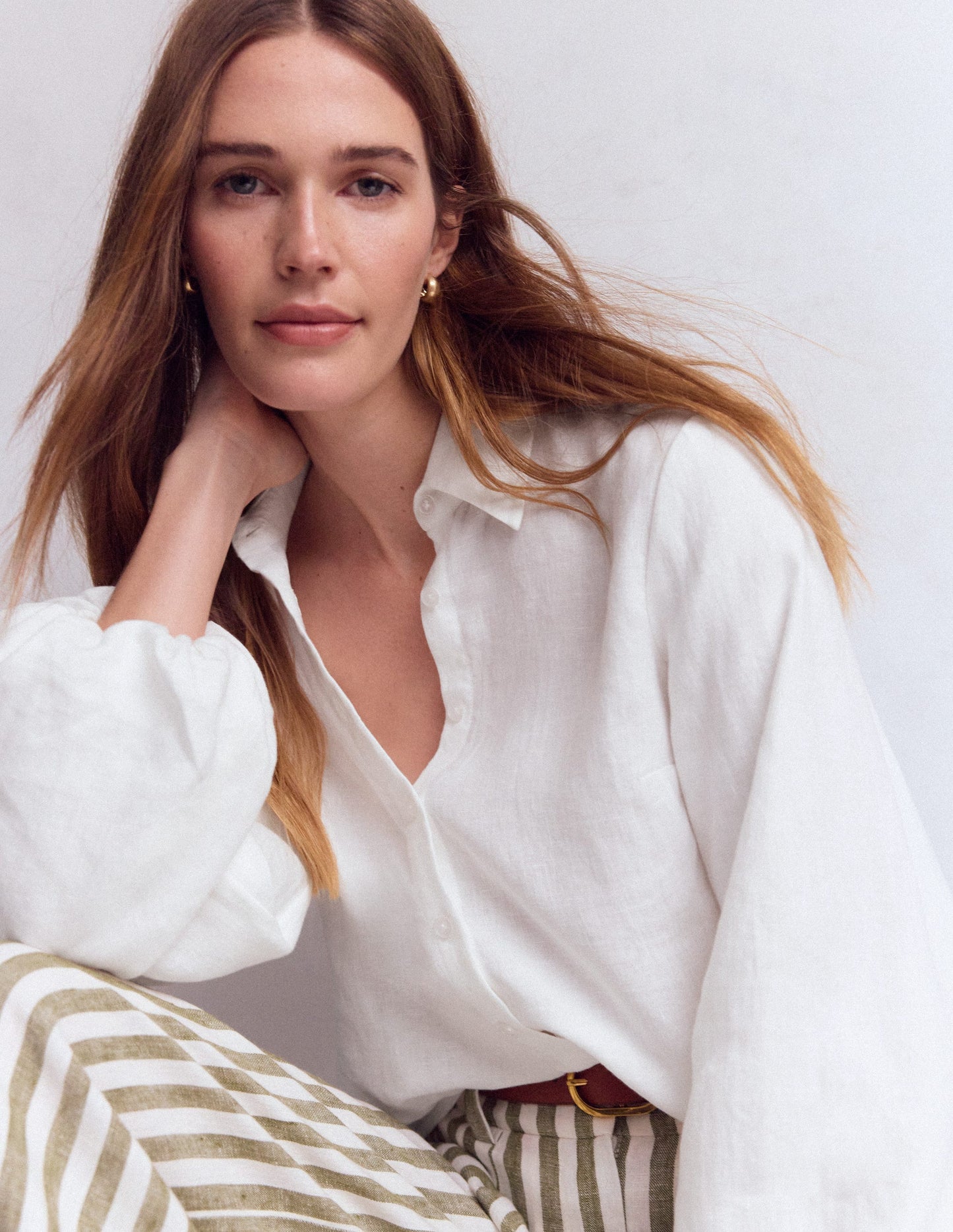 Chemise en lin à manches bouffantes-Blanc