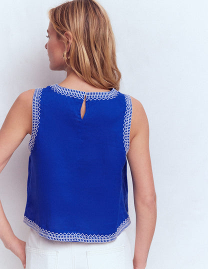 Sofia Besticktes Oberteil aus Leinen-Surf The Web-Blau, Naturweiß Blumenstickerei-3