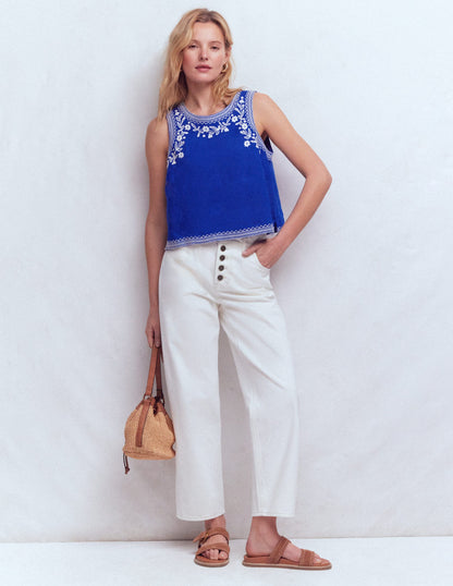 Sofia Besticktes Oberteil aus Leinen-Surf The Web-Blau, Naturweiß Blumenstickerei-4