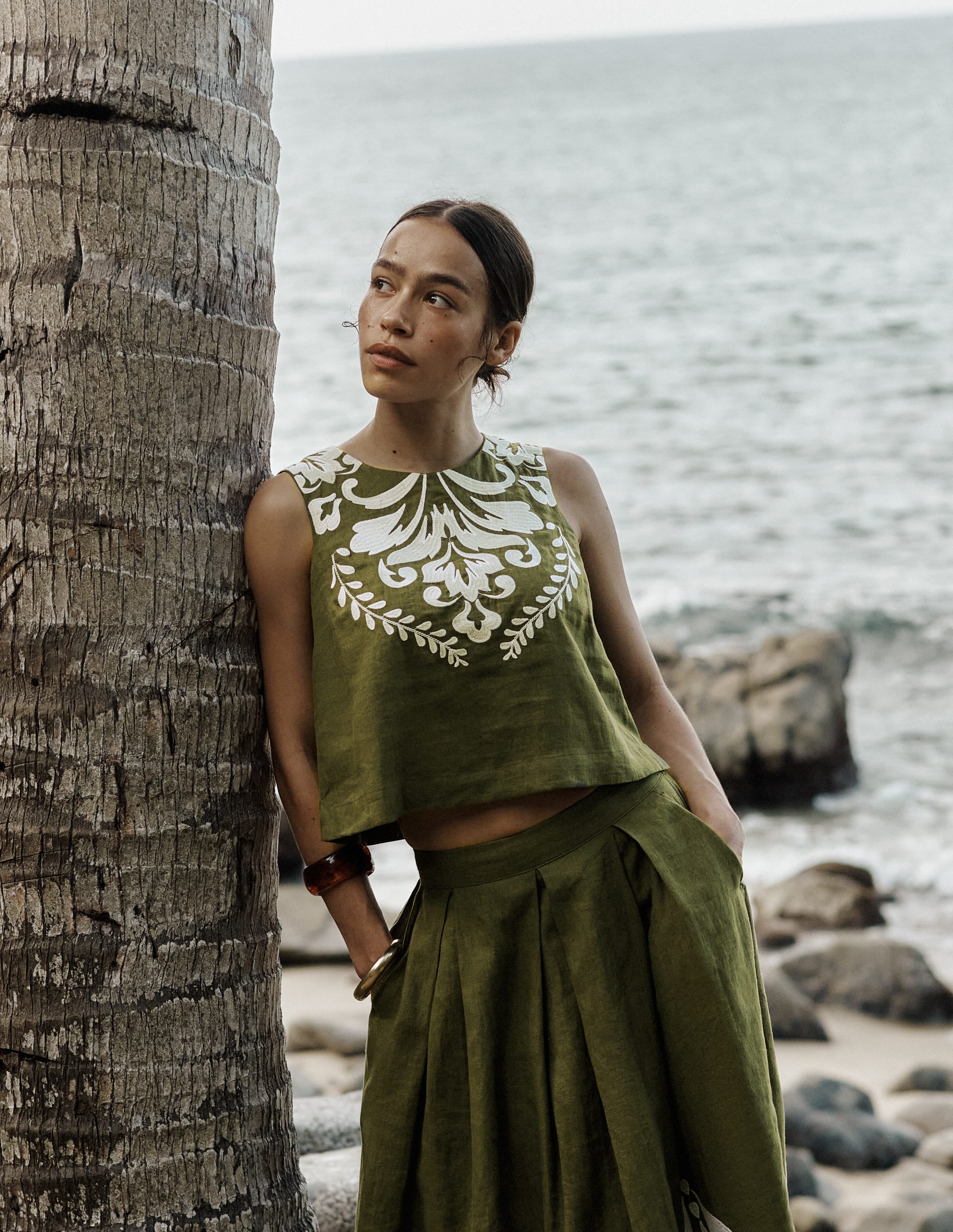 Sofia Embroidered Linen Top-Woodland Green - Image 7