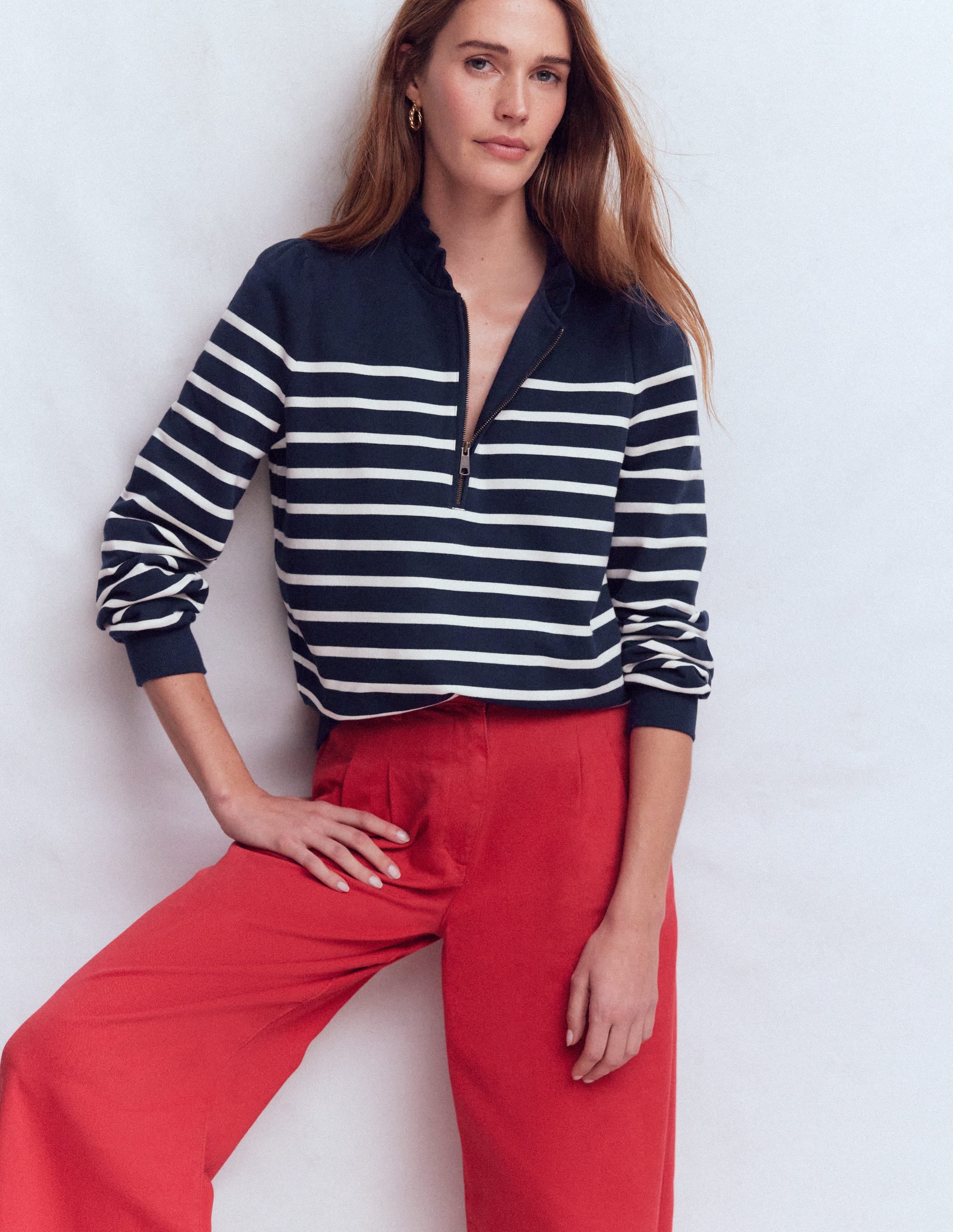 Sweatshirt mit Halbreißverschluss und Rüschen-Streifenapplikation - Image 1