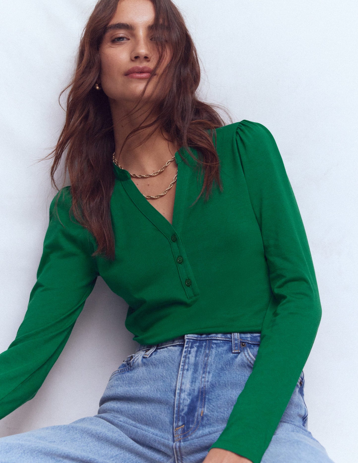 Supersoft Open Neck Henley-Jewel Green