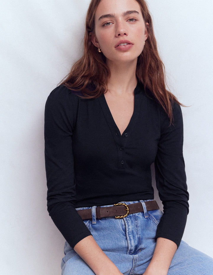 Top ultra-doux à col tunisien ouvert-Bleu marine