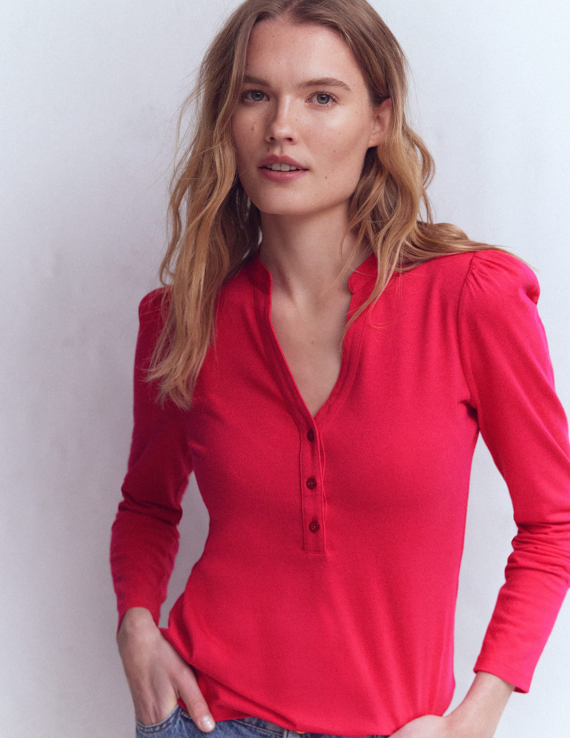 Supersoft Open Neck Henley-Pomegranate - Image 1