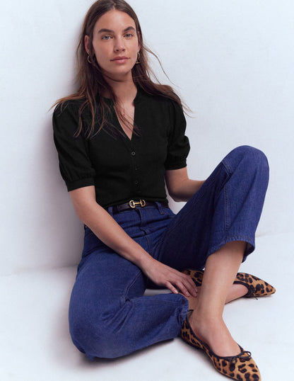 Kurzärmliges Oberteil mit offenem Henley-Ausschnitt-Schwarz-1