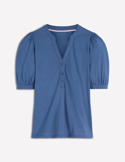 Kurzärmliges Oberteil mit offenem Henley-Ausschnitt-Klassisches Marineblau-5