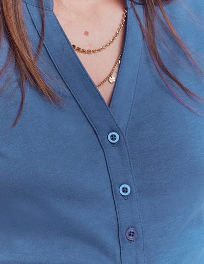 Kurzärmliges Oberteil mit offenem Henley-Ausschnitt-Klassisches Marineblau-2