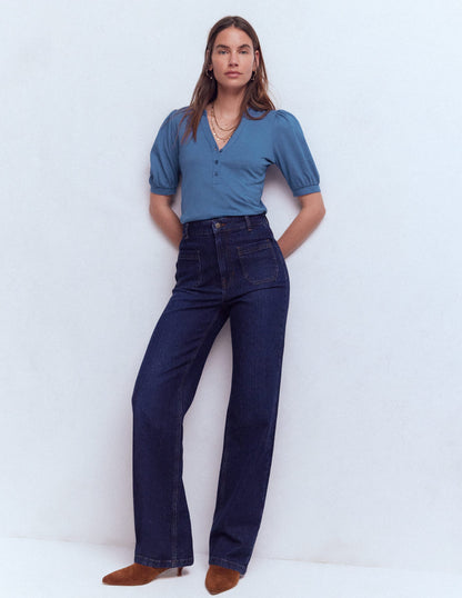 Kurzärmliges Oberteil mit offenem Henley-Ausschnitt-Klassisches Marineblau-4