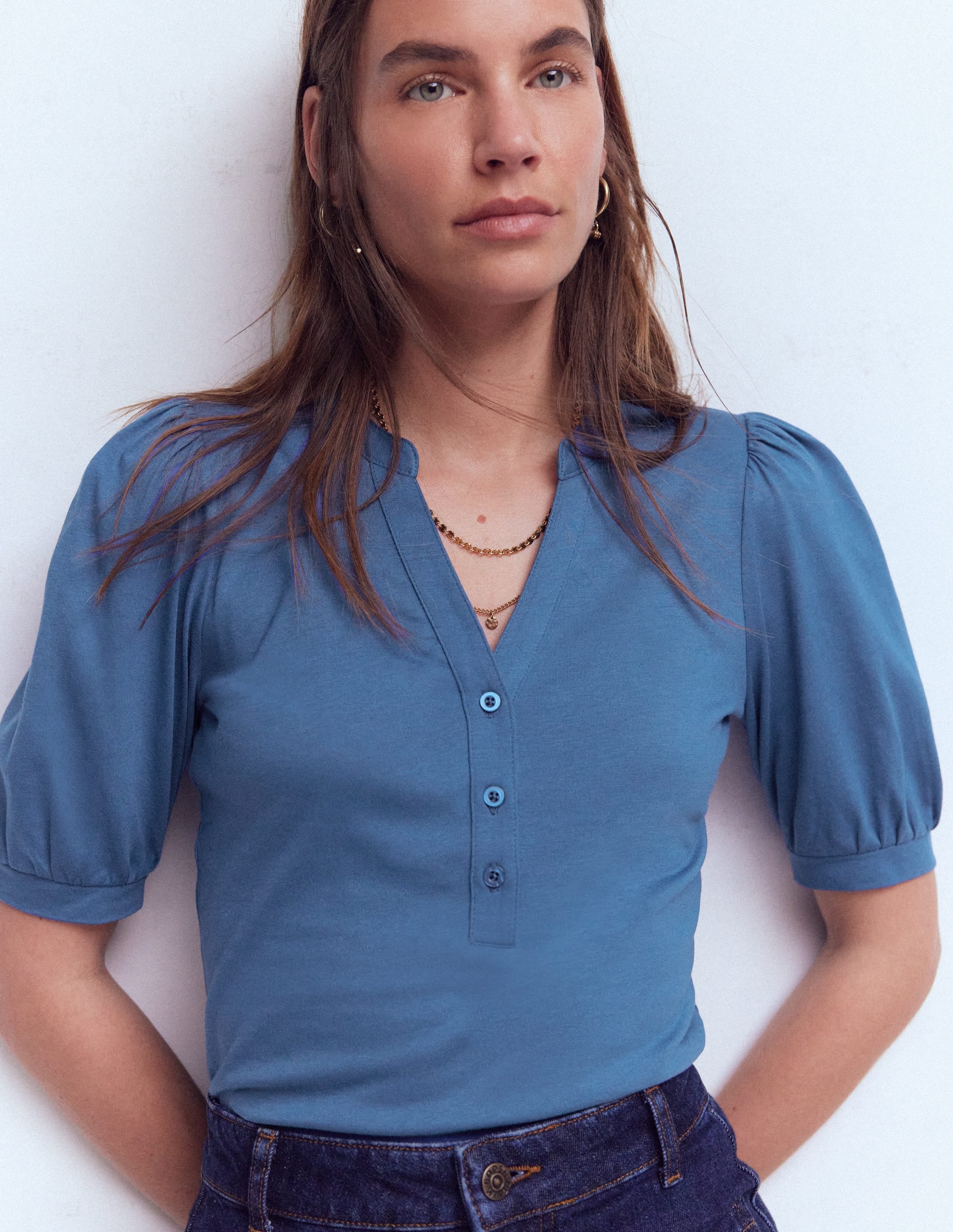 Superweiches, kurzärmliges Henley-Oberteil-Denim-Blau - Image 1