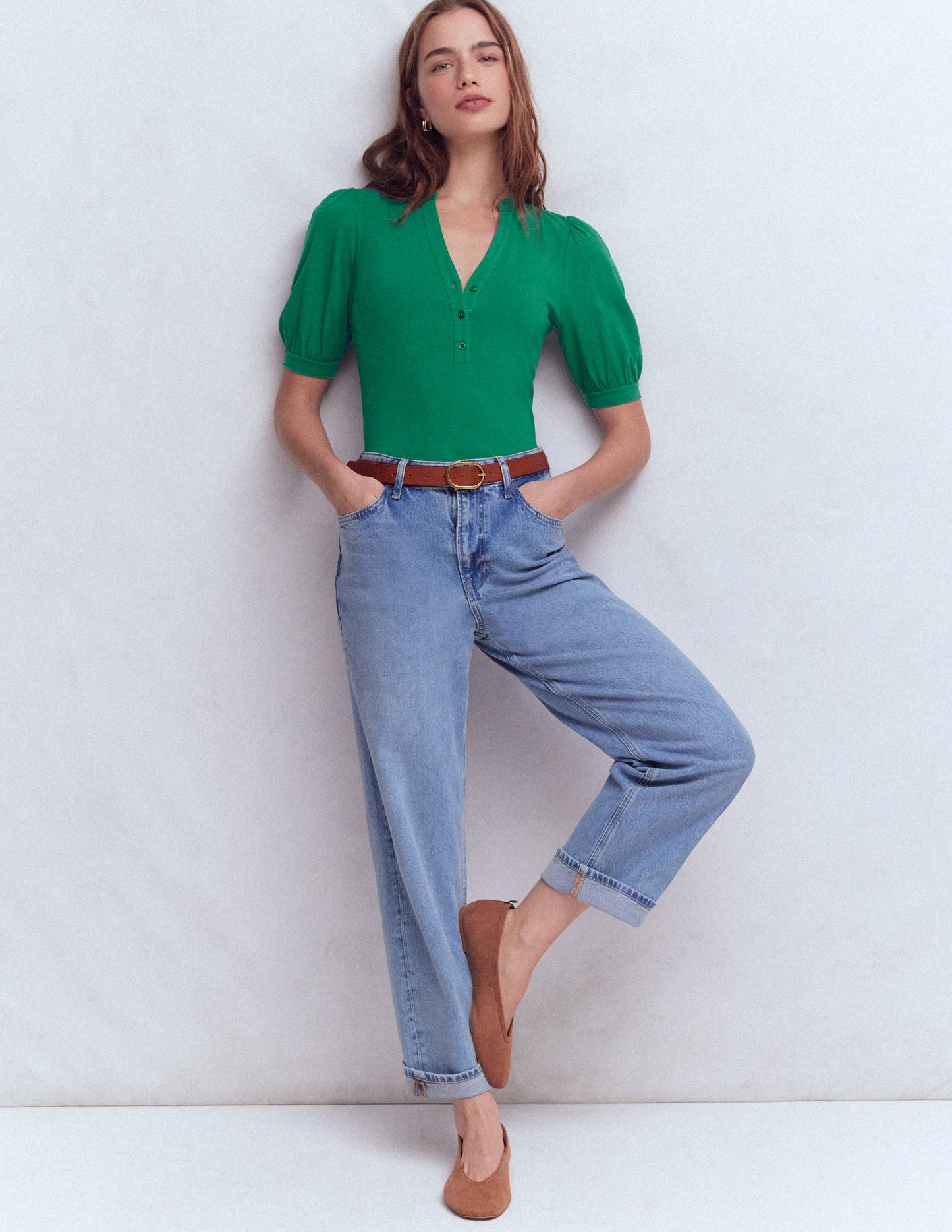 Short Sleeve Open Neck Henley-Jewel Green