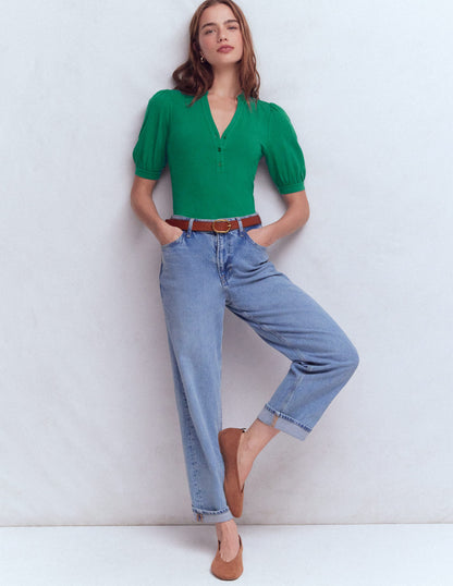 Short Sleeve Open Neck Henley-Jewel Green-1