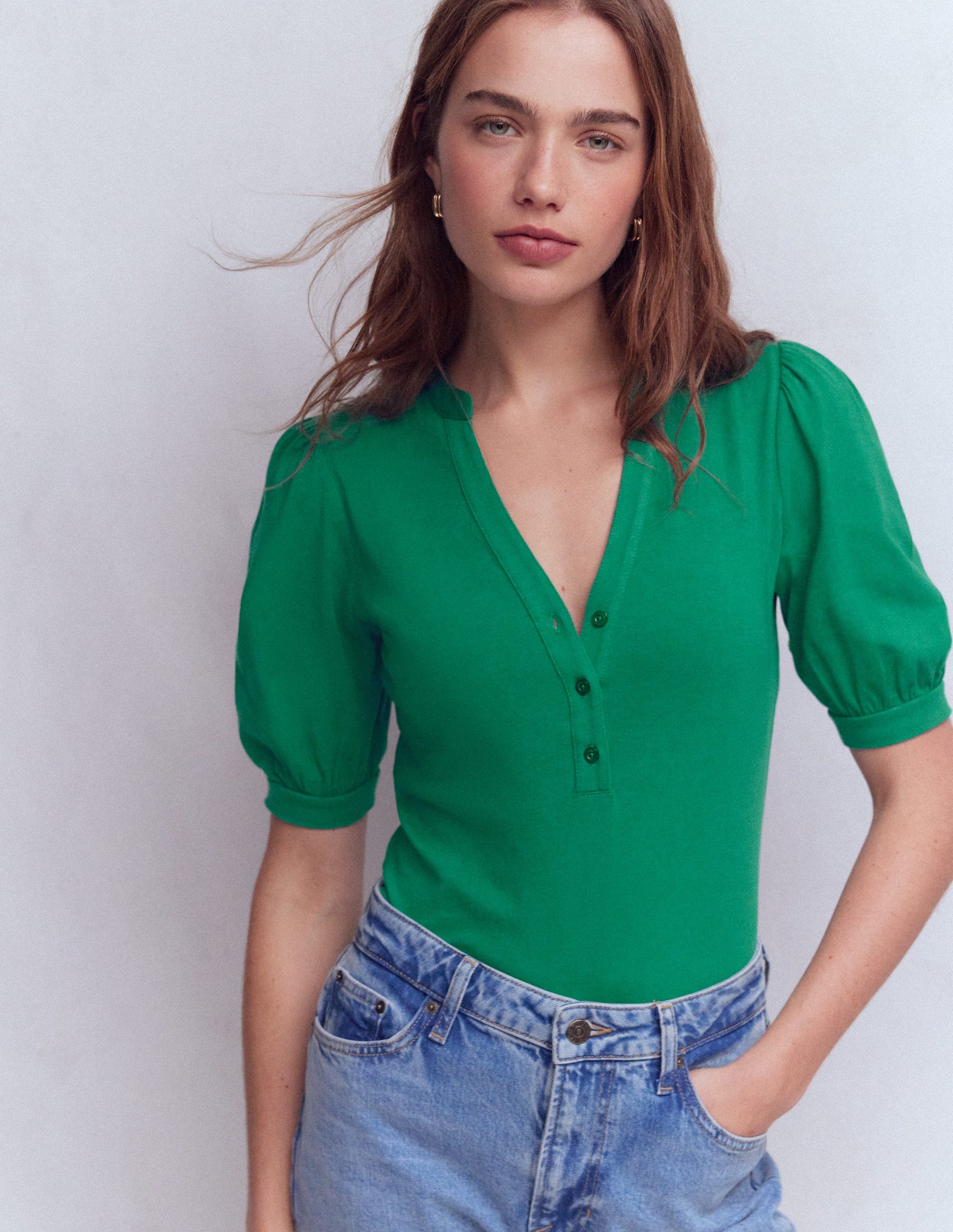 Short Sleeve Open Neck Henley-Jewel Green-4