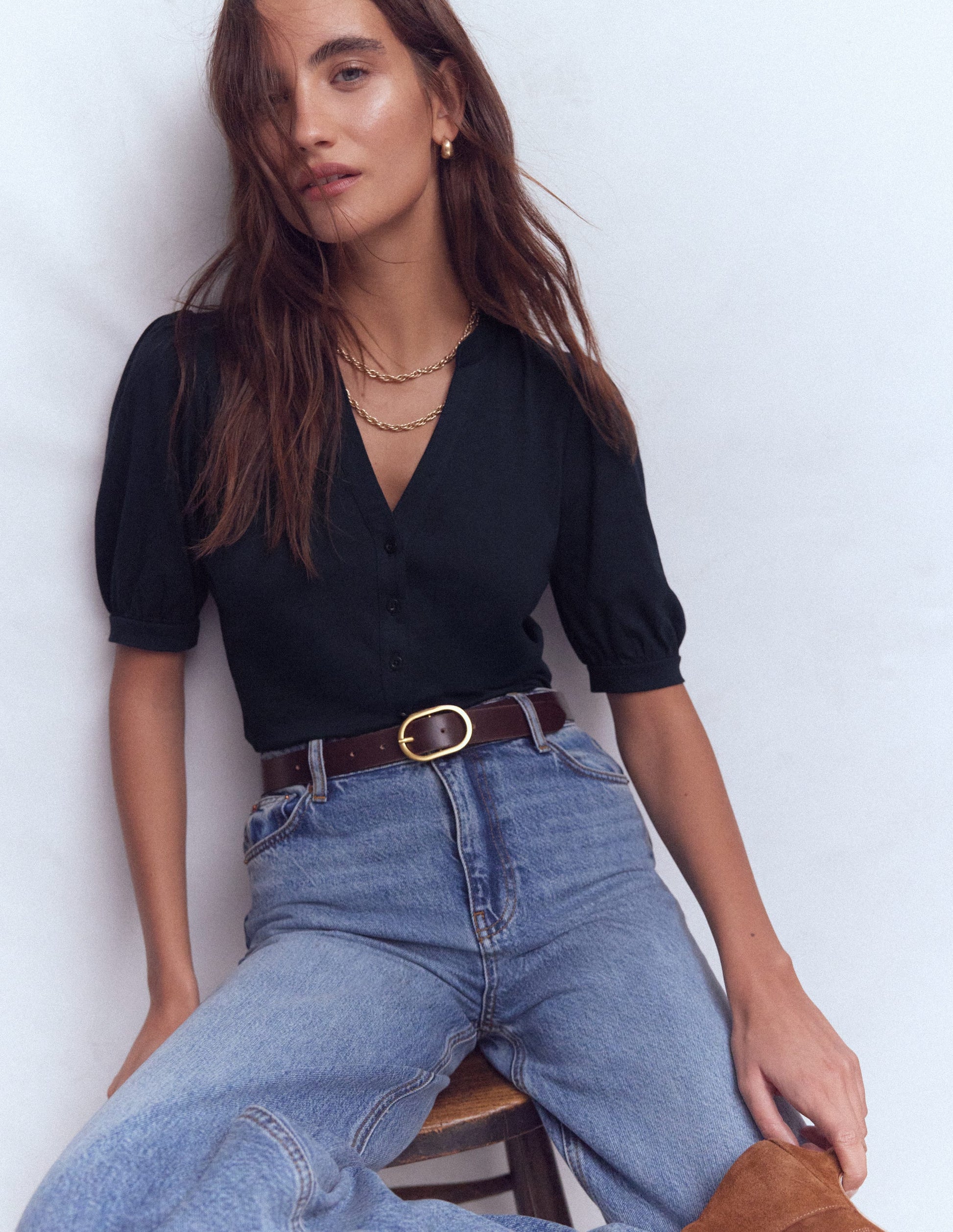 Kurzärmliges Oberteil mit offenem Henley-Ausschnitt-Marineblau-1