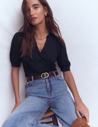 Kurzärmliges Oberteil mit offenem Henley-Ausschnitt-Marineblau-1