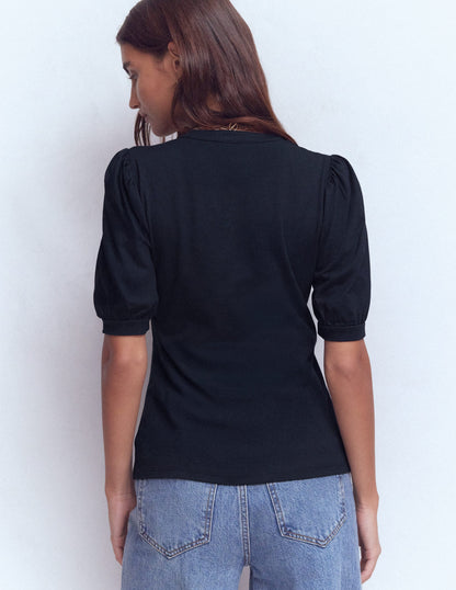 Kurzärmliges Oberteil mit offenem Henley-Ausschnitt-Marineblau-3