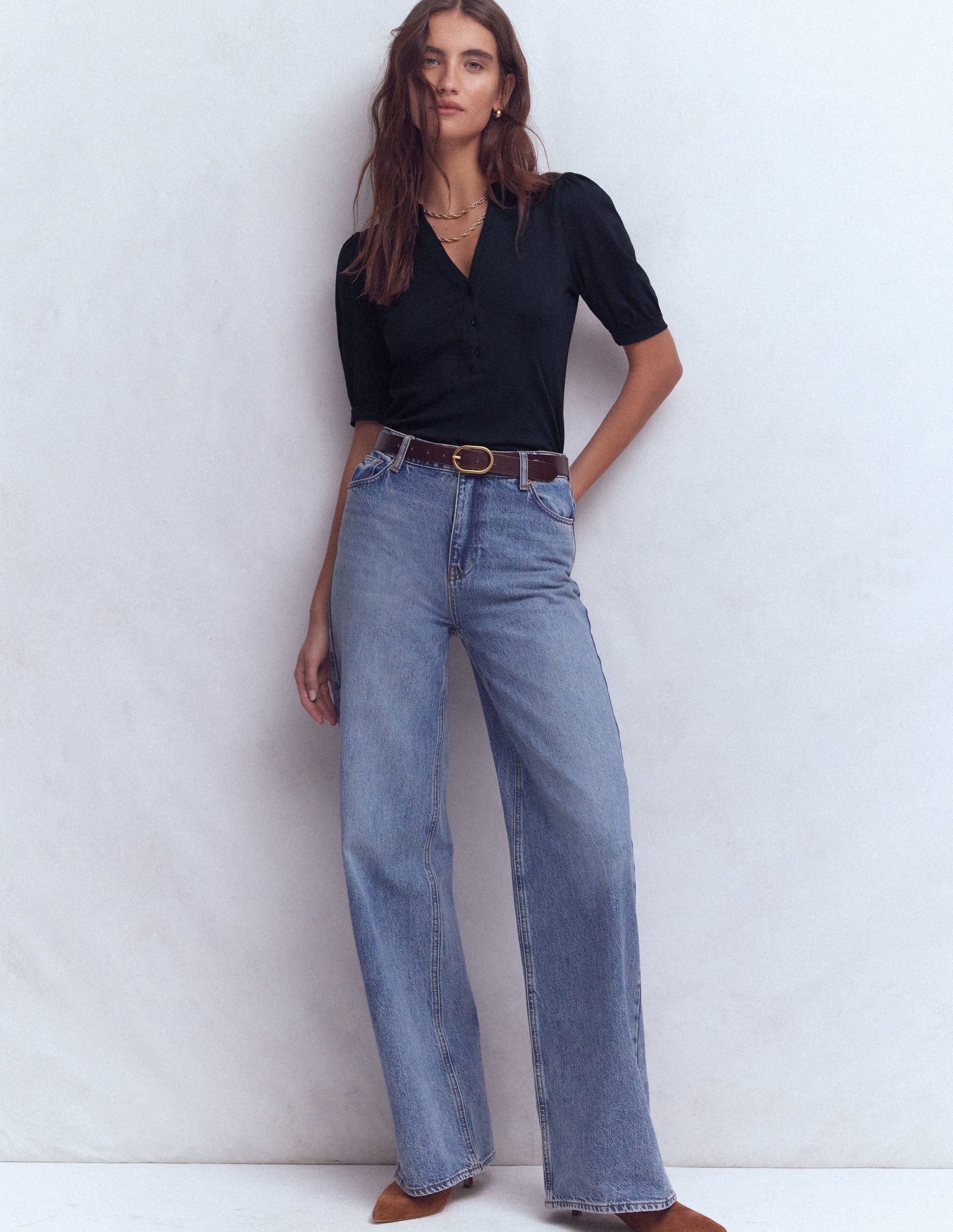 Kurzärmliges Oberteil mit offenem Henley-Ausschnitt-Marineblau-4