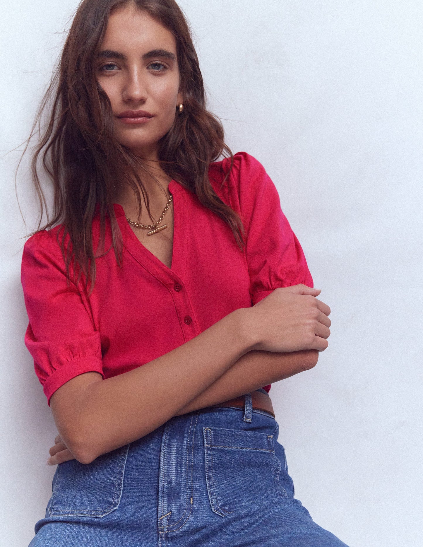 Kurzärmliges Oberteil mit offenem Henley-Ausschnitt-Granatapfel