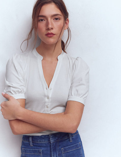 Kurzärmliges Oberteil mit offenem Henley-Ausschnitt-Weiß-1