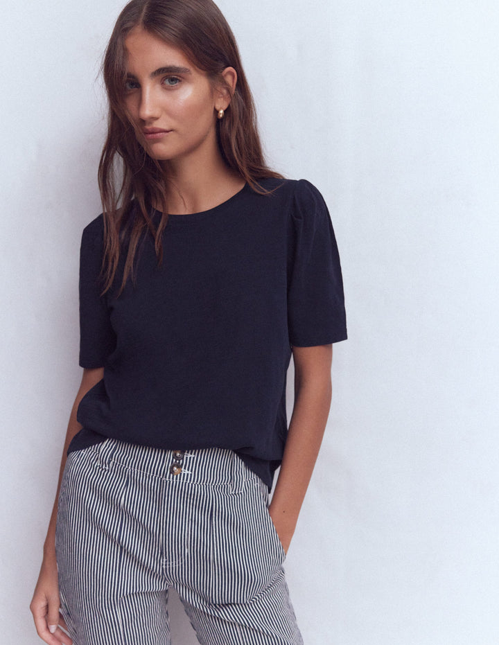 Pleat Sleeve T-shirt-Navy