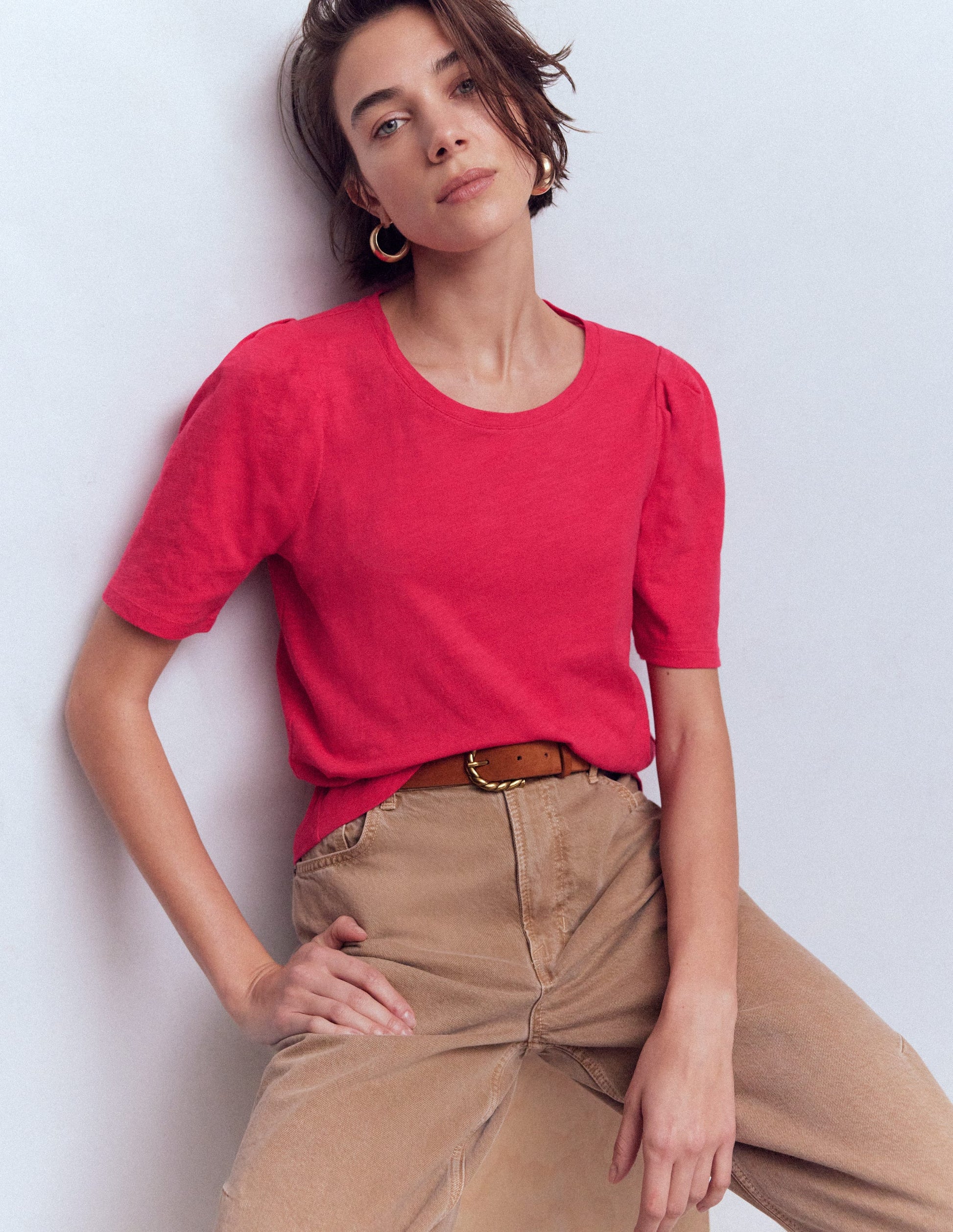 T-Shirt mit Faltendetail am Ärmel-Dunkelrosa-1