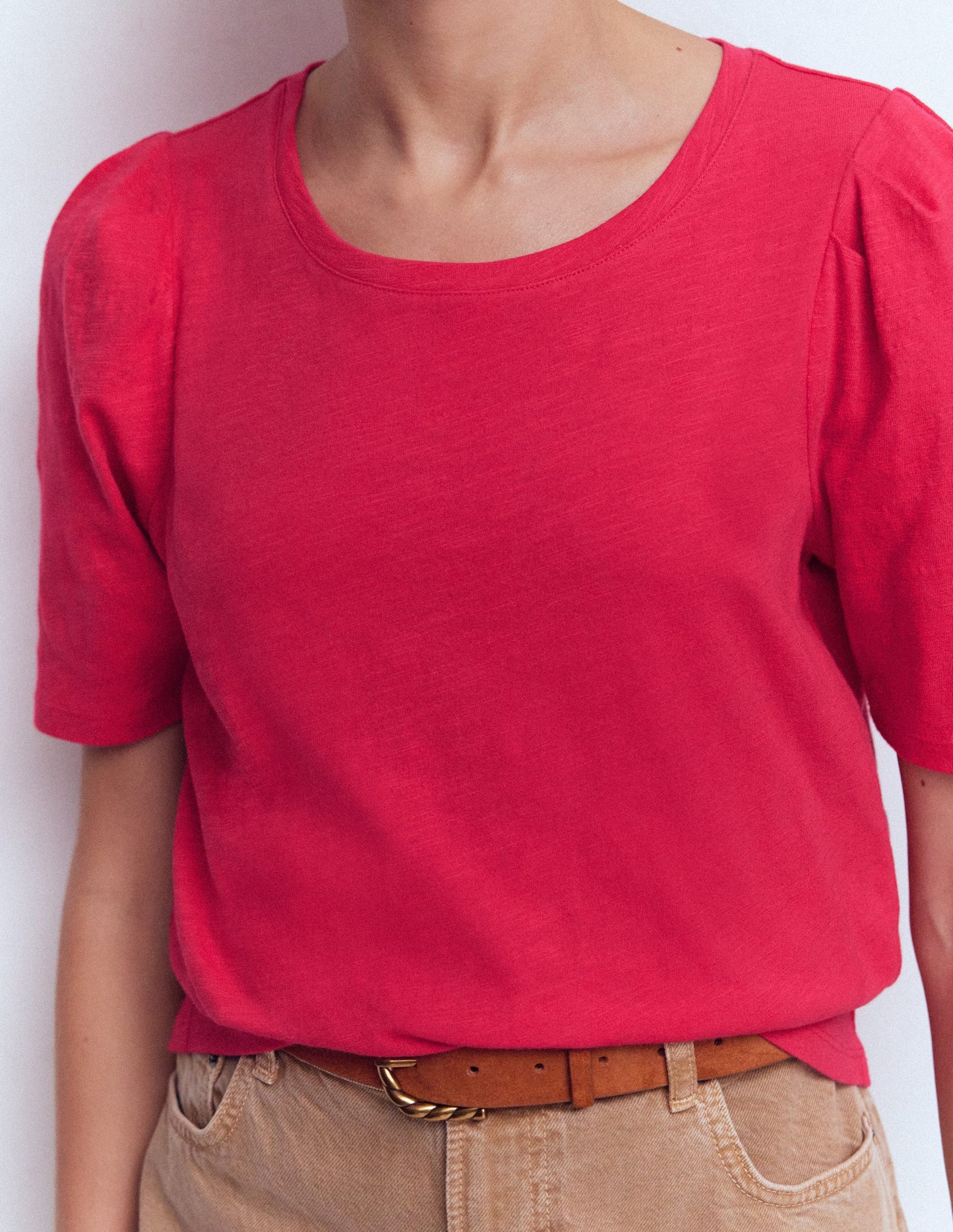 T-Shirt mit Faltendetail am Ärmel-Dunkelrosa