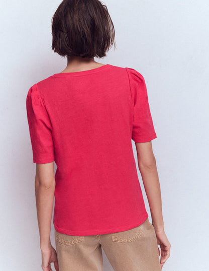 T-Shirt mit Faltendetail am Ärmel-Dunkelrosa-3