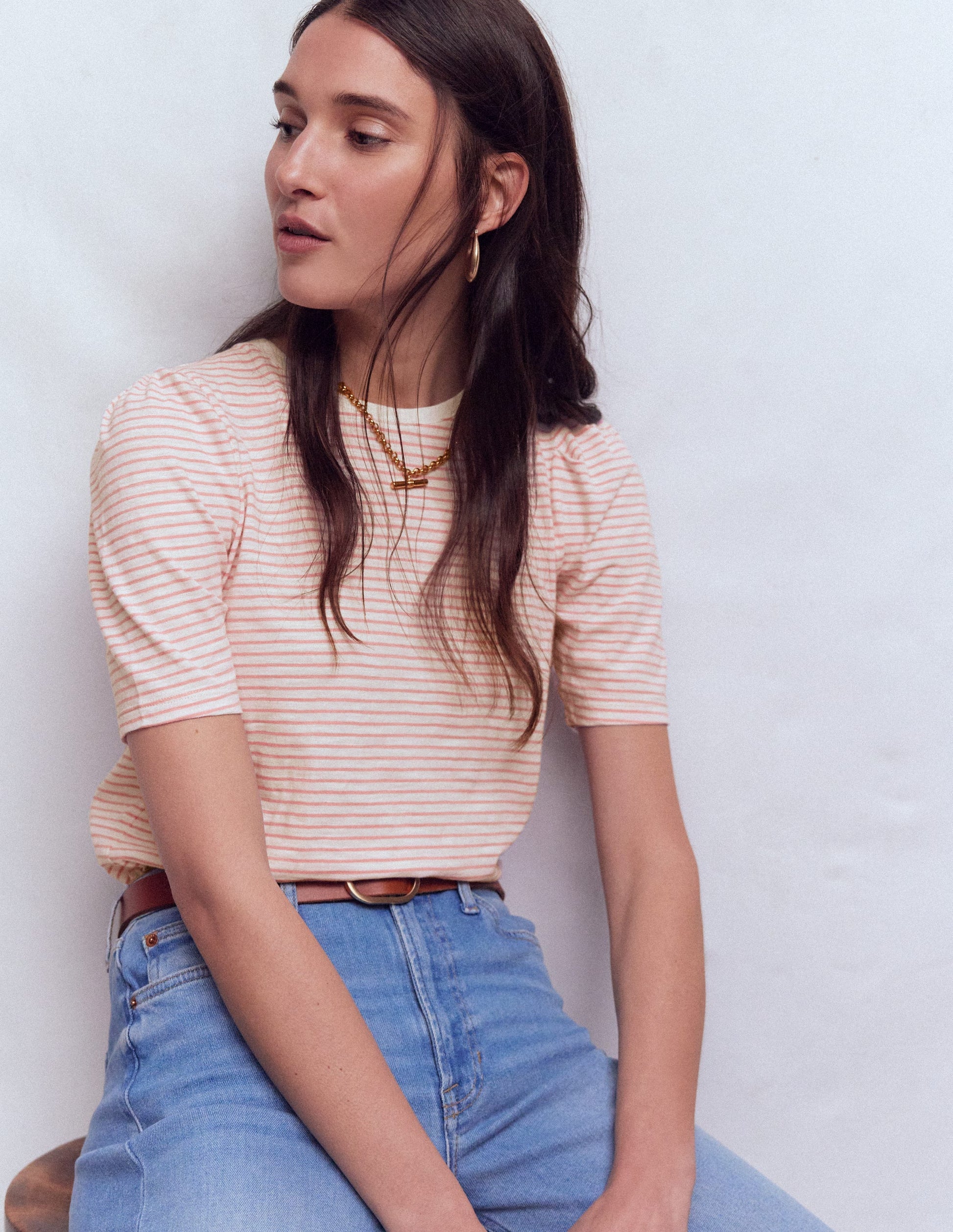 T-shirt à manches plissées-Rayé rose formica et ivoire-4