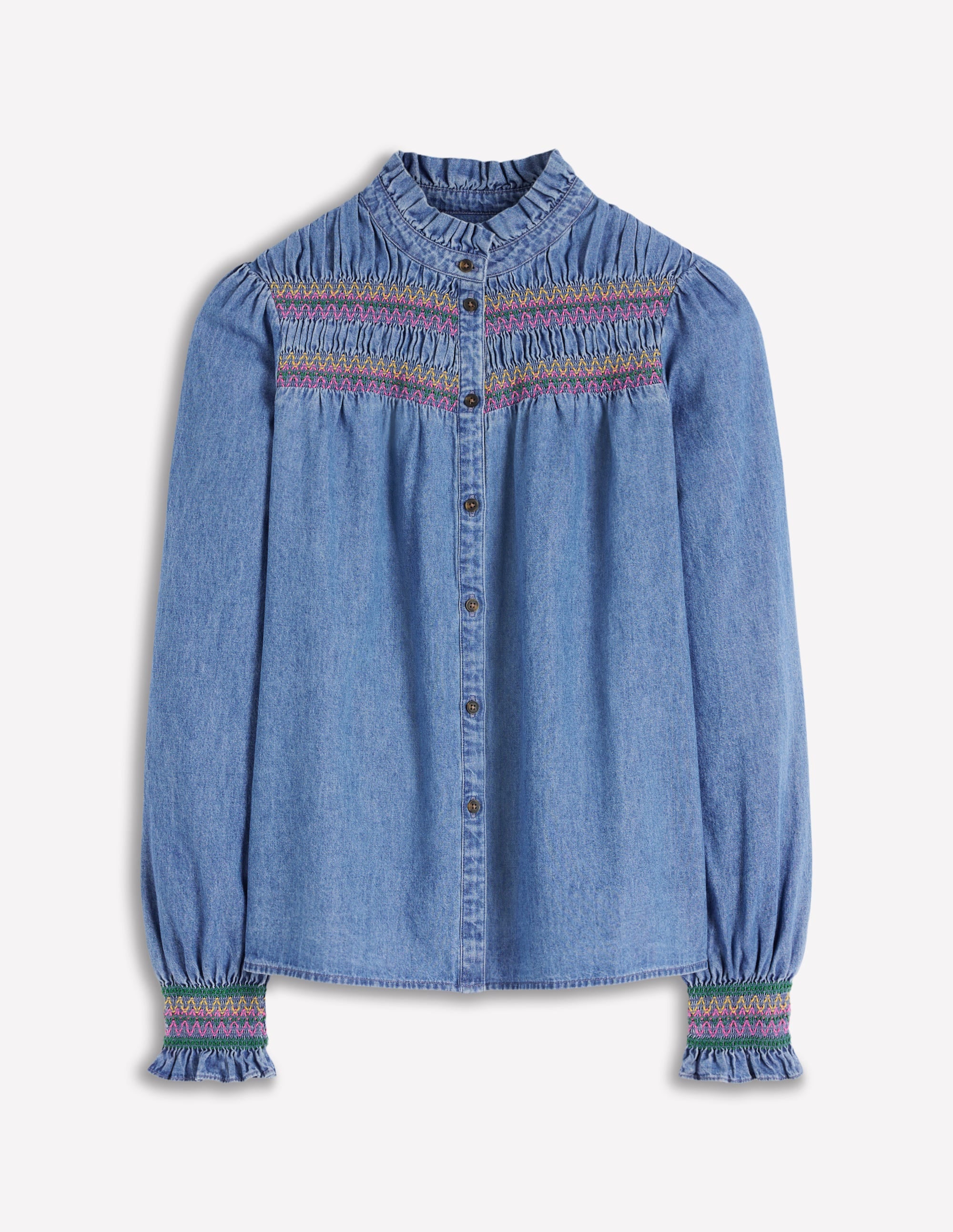 Esme Gesmoktes Denim-Oberteil mit Rüschen-Hell Authentisch - Image 7