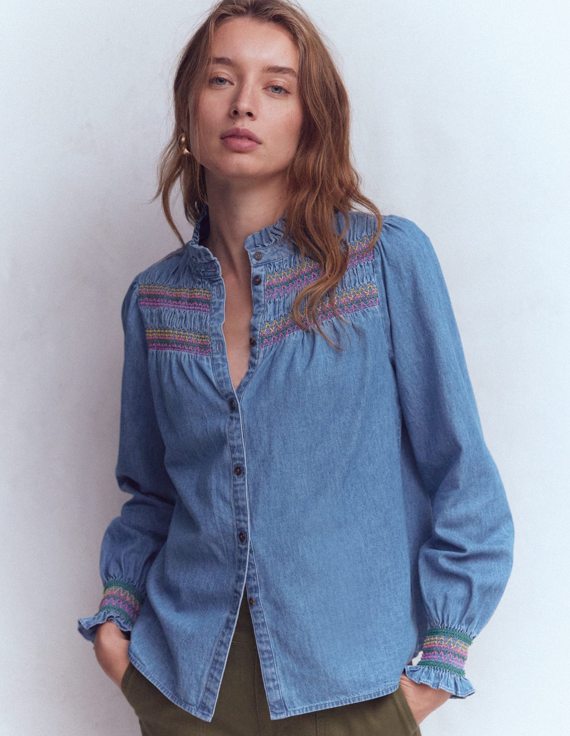 Esme Smocked Denim Frill Top-Light Vintage-1