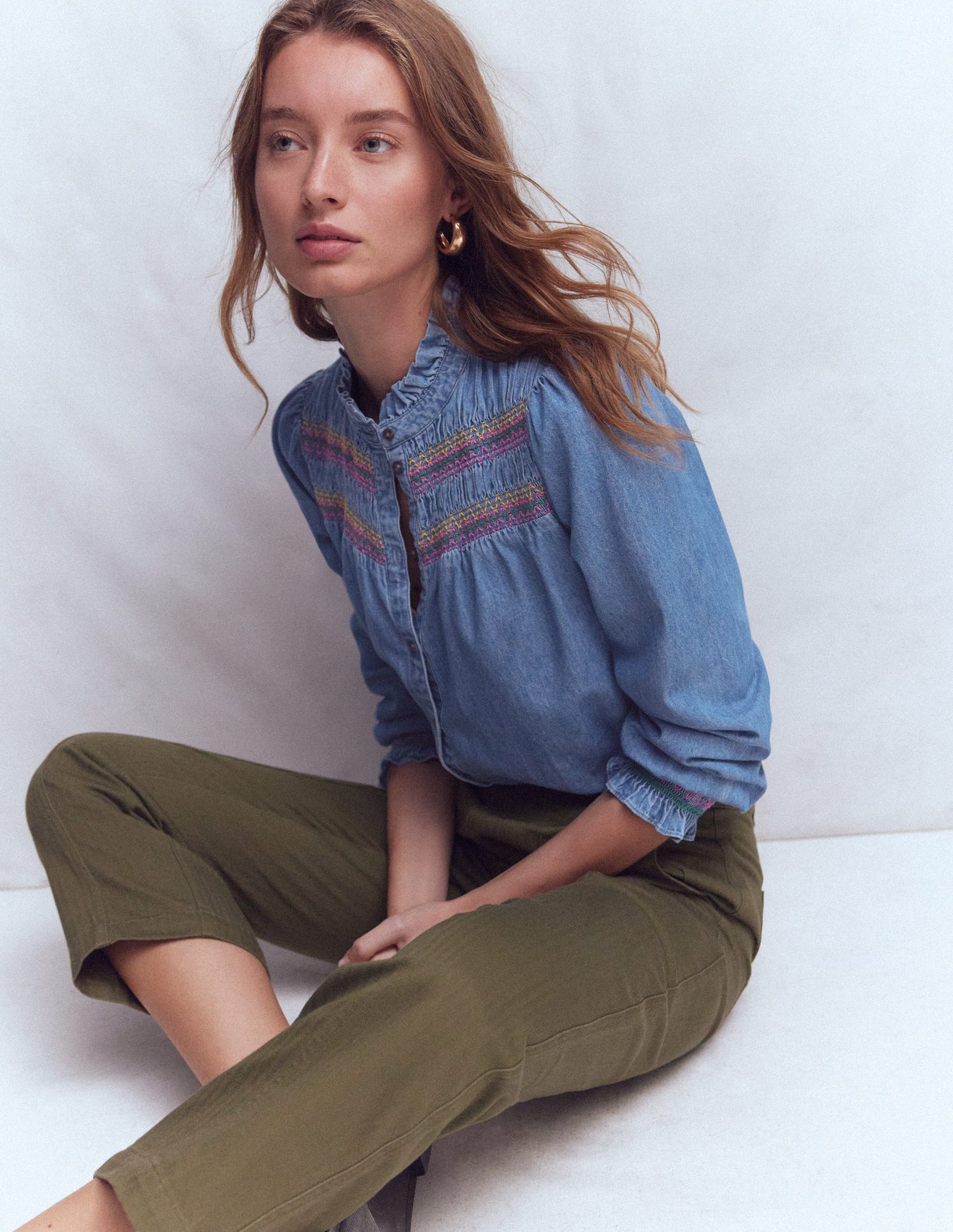 Esme Smocked Denim Frill Top-Light Vintage