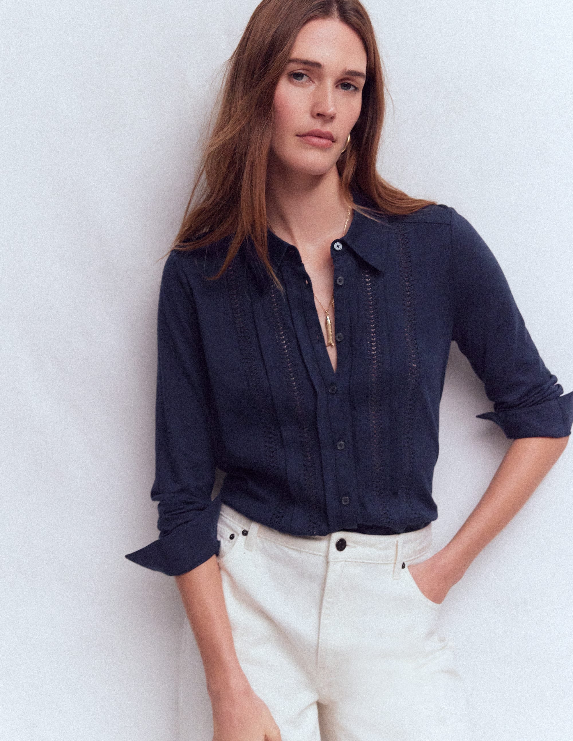 Chemise en jersey à détails-Bleu marine - Image 1