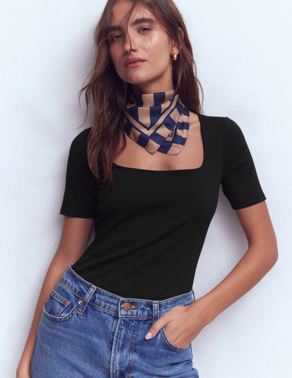 Double Layer Square Neck Tee-Black-1