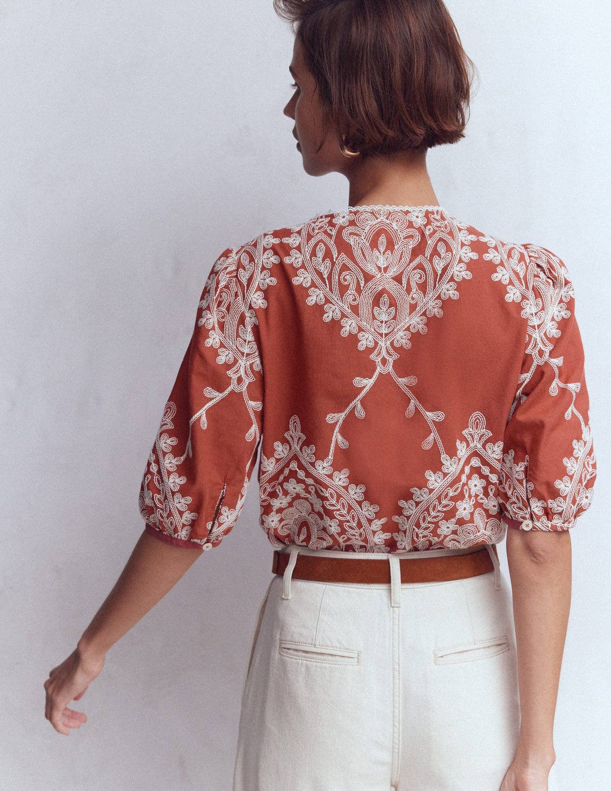 Leah Short Sleeve Interest Top-Red Floral Embroidery - Image 3
