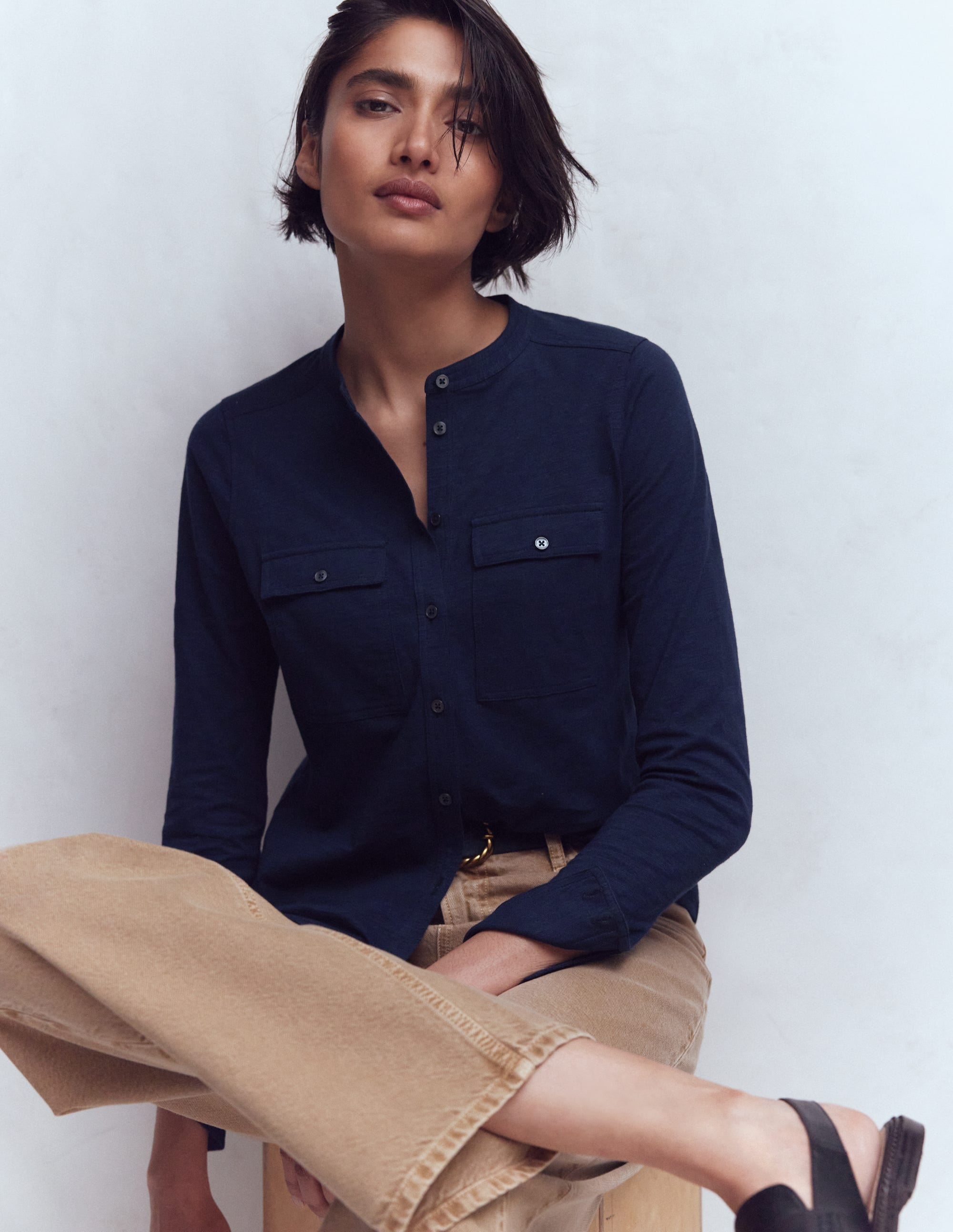 Topstitched Pocket Shirt-Navy - Image 1